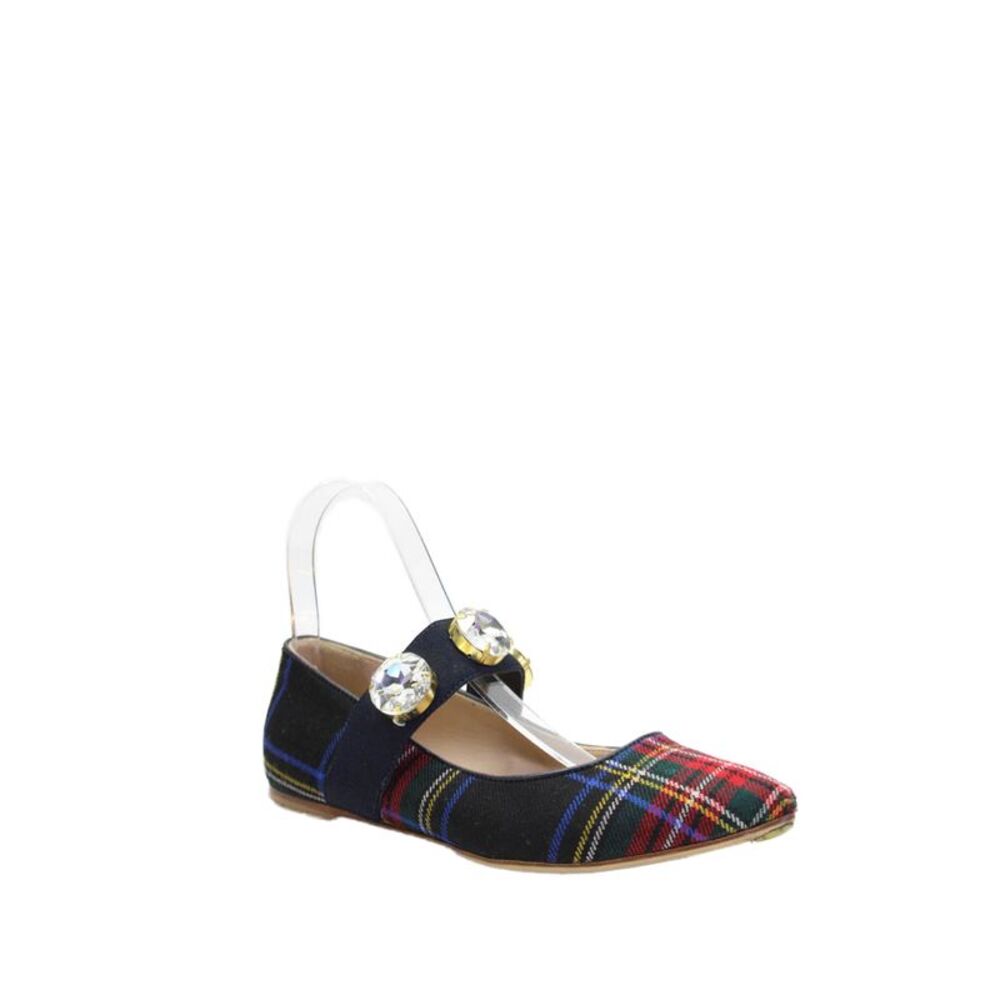 Polly Plume Womens Plaid Embellished Slip-On Mary Jane Flats Blue Size 5